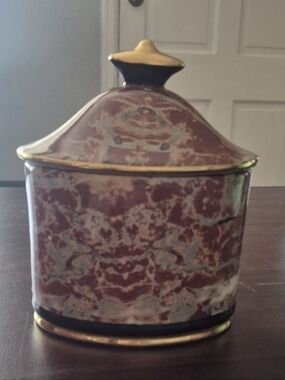 Vintage Italian Marble Look Porcelain Trinket Jar Gold Trim Made in Italy